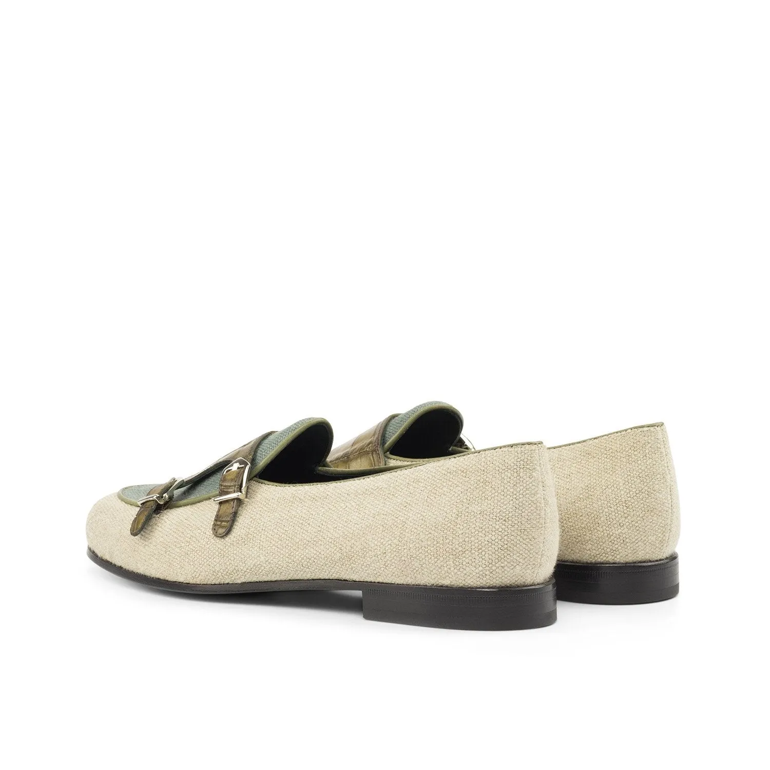 Ambrogio Bespoke Custom Men's Shoes Beige, Olive & Khaki Linen Fabric / Crocodile Print Leather Loafers (AMB2192)