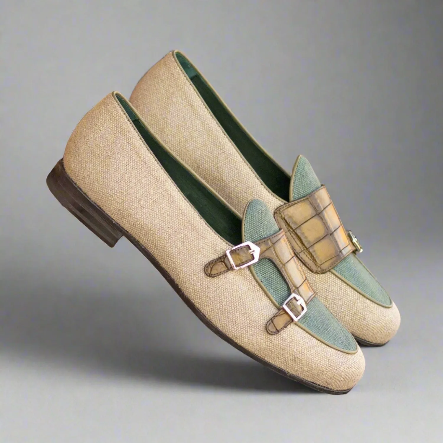 Ambrogio Bespoke Custom Men's Shoes Beige, Olive & Khaki Linen Fabric / Crocodile Print Leather Loafers (AMB2192)