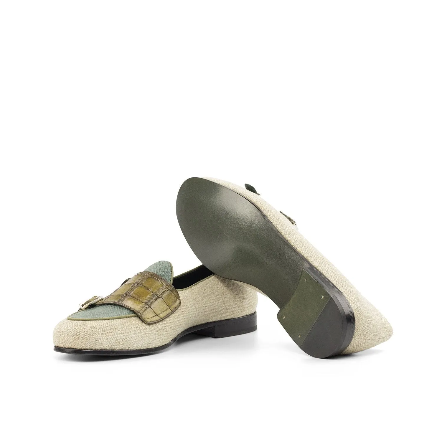 Ambrogio Bespoke Custom Men's Shoes Beige, Olive & Khaki Linen Fabric / Crocodile Print Leather Loafers (AMB2192)