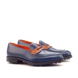 Ambrogio Bespoke Custom Men's Shoes Cognac & Navy Calf-Skin Leather Golf Loafers (AMB2168)