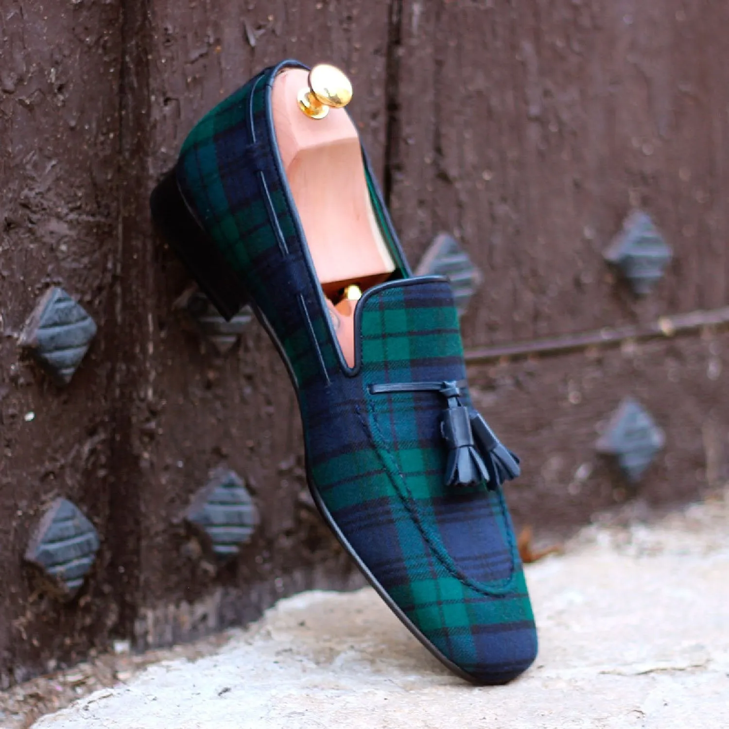 Ambrogio Bespoke Men's Handmade Custom Shoes Blue & Green Blackwatch Sartorial Fabric Drake Tassels Loafers (AMB1727)