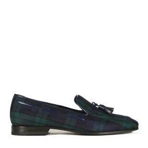 Ambrogio Bespoke Men's Handmade Custom Shoes Blue & Green Blackwatch Sartorial Fabric Drake Tassels Loafers (AMB1727)