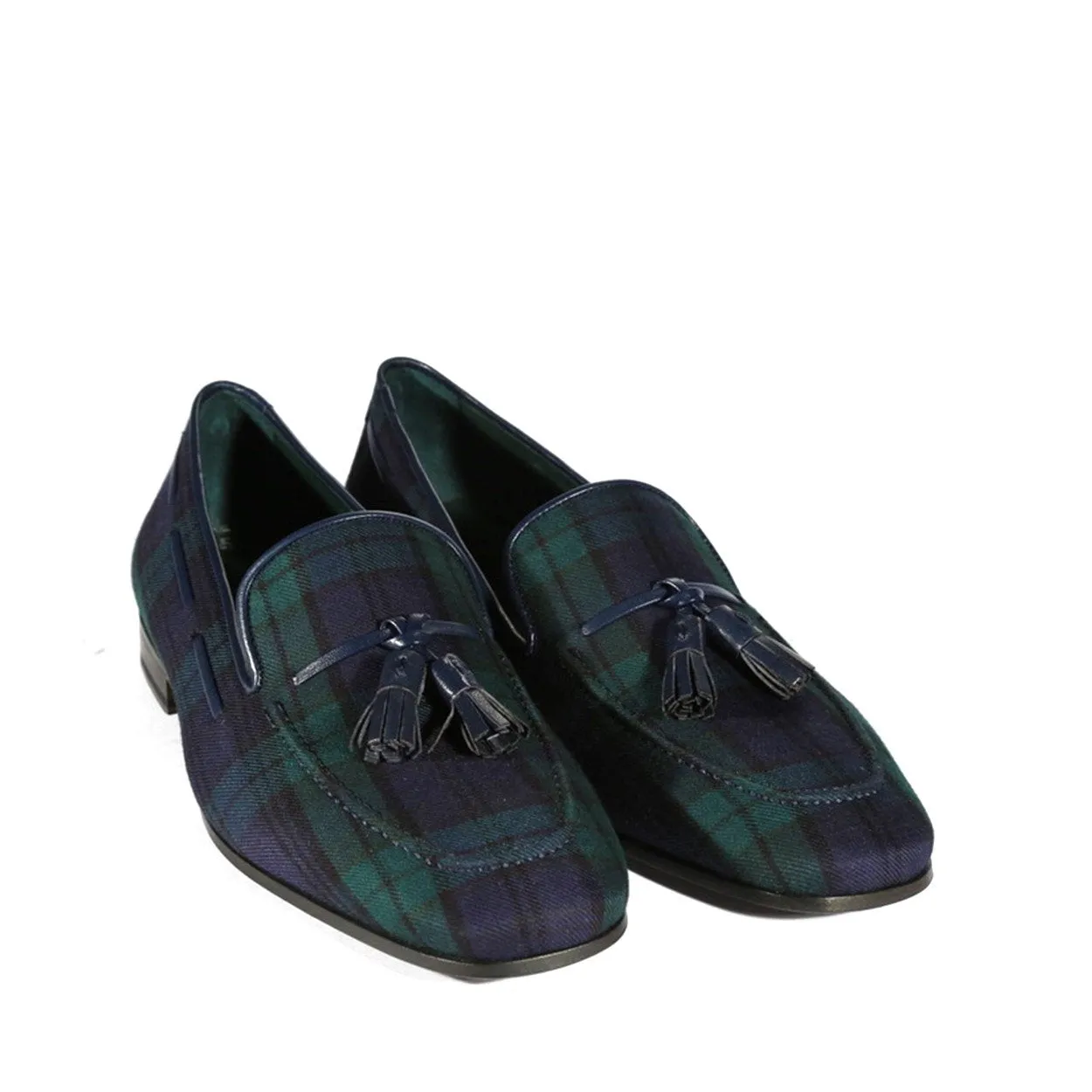 Ambrogio Bespoke Men's Handmade Custom Shoes Blue & Green Blackwatch Sartorial Fabric Drake Tassels Loafers (AMB1727)