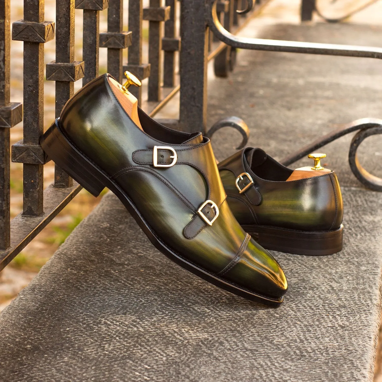 Ambrogio Bespoke Men's Handmade Custom Shoes Khaki Green Patina Leather Monk-Straps Loafers (AMB1827)