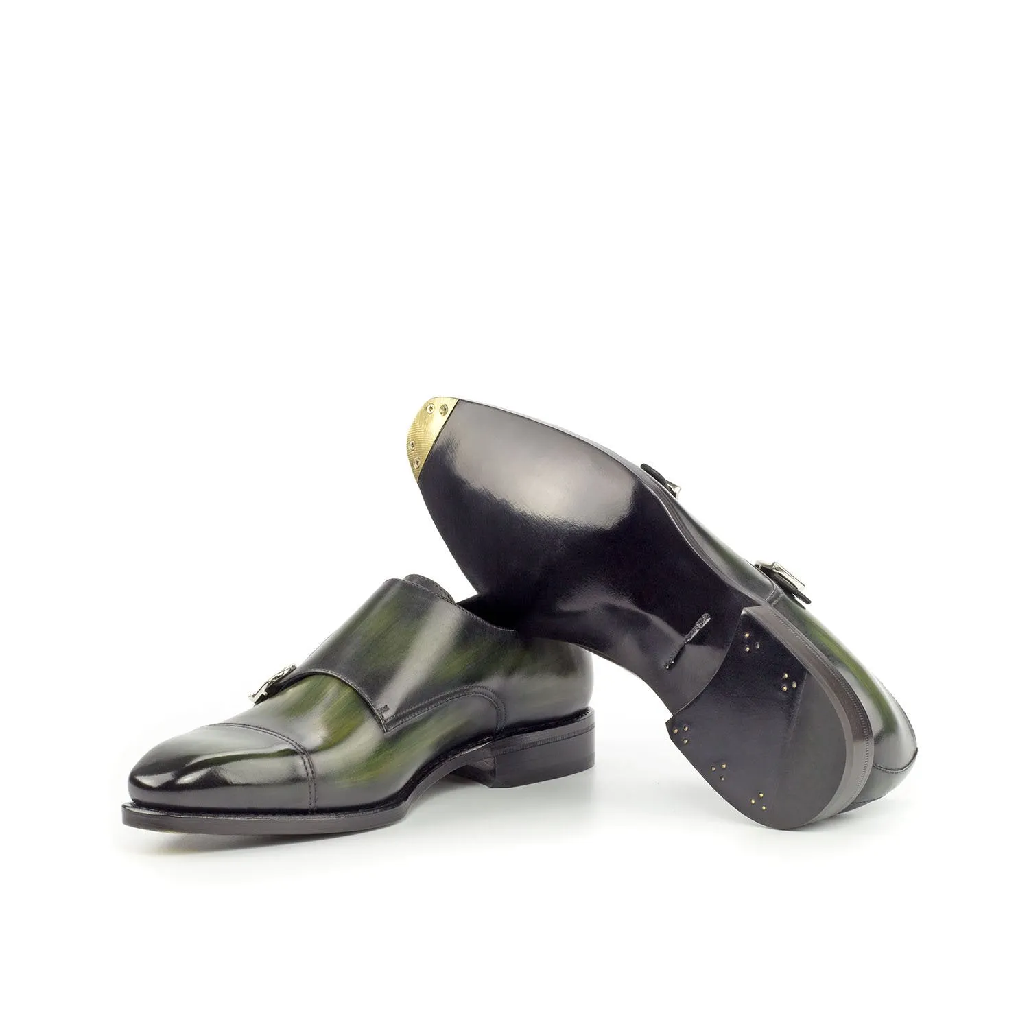 Ambrogio Bespoke Men's Handmade Custom Shoes Khaki Green Patina Leather Monk-Straps Loafers (AMB1827)