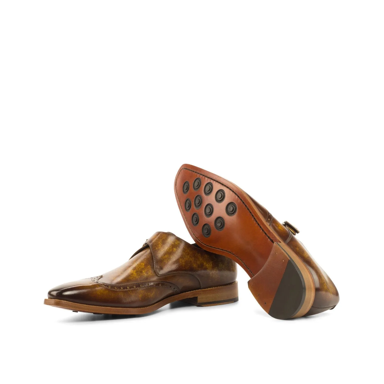 Ambrogio Men's Handmade Custom Made Shoes Cognac Patina Leather Monk-Straps Loafers (AMB1058)