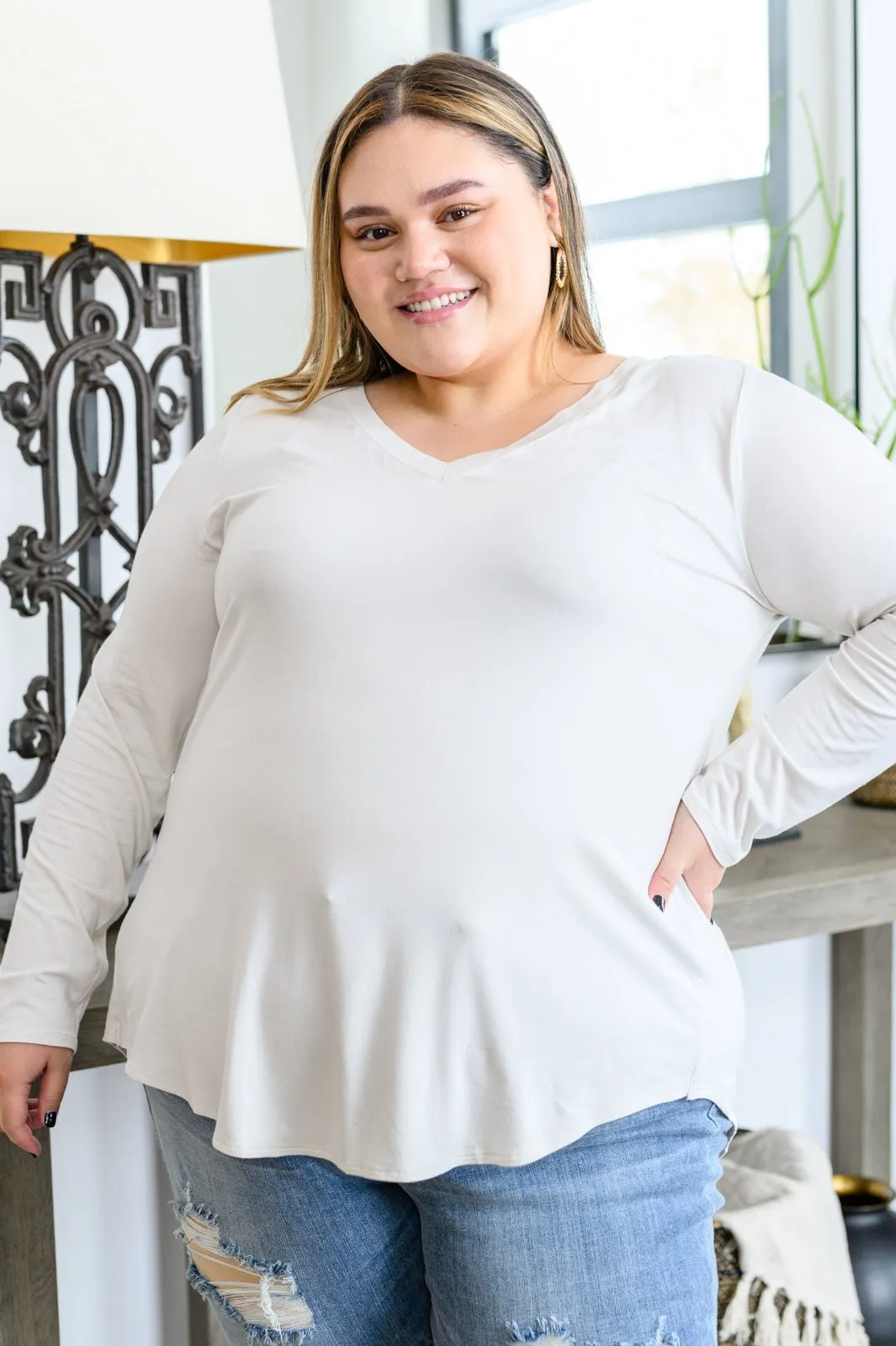 Basics Are Best Long Sleeve V-Neck Top in Bone (Online Exclusive)