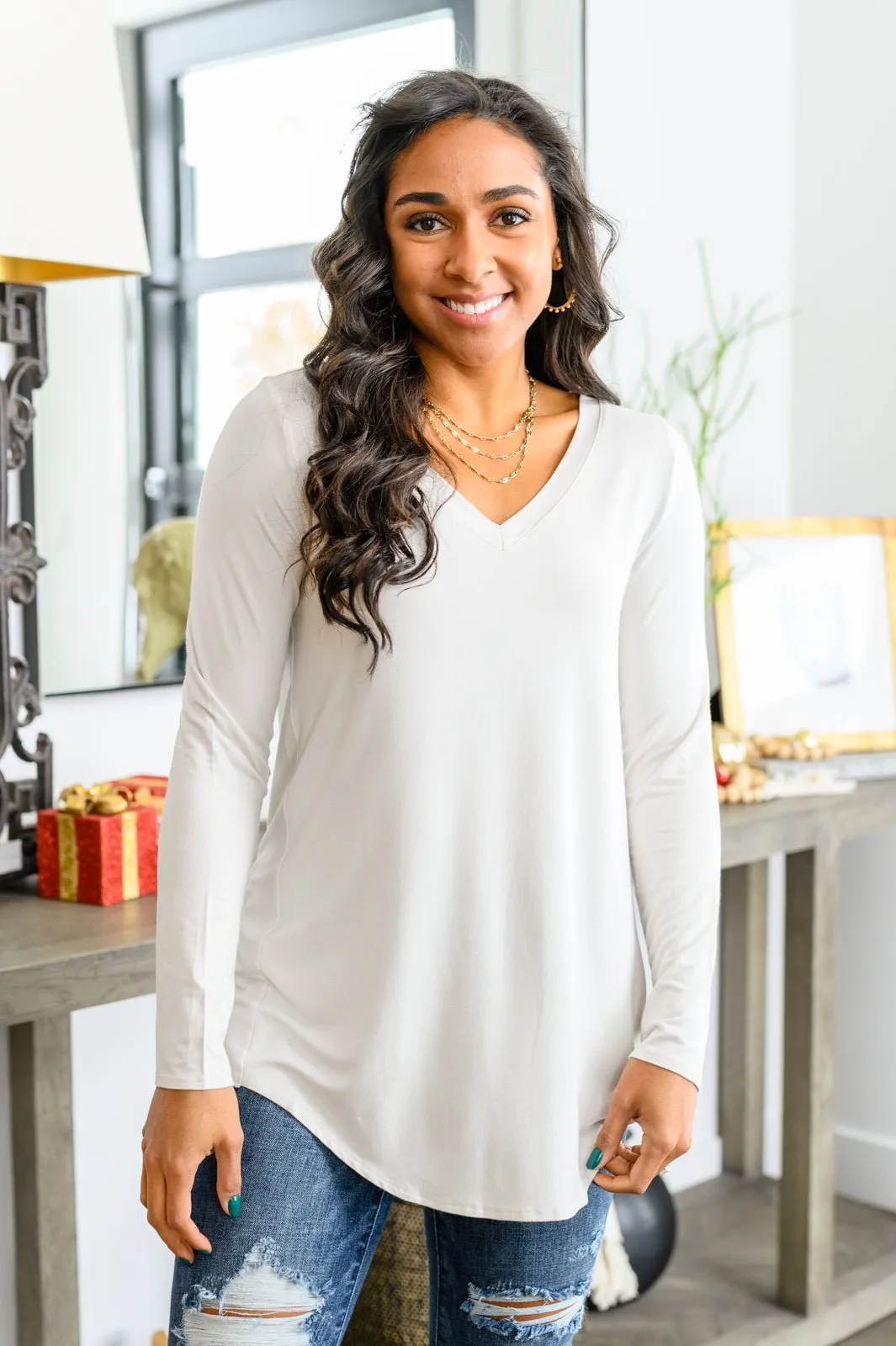 Basics Are Best Long Sleeve V-Neck Top in Bone (Online Exclusive)
