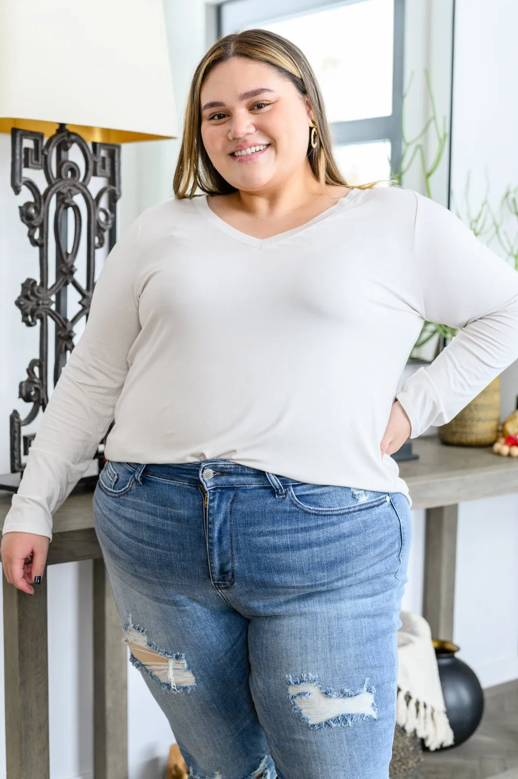 Basics Are Best Long Sleeve V-Neck Top in Bone (Online Exclusive)