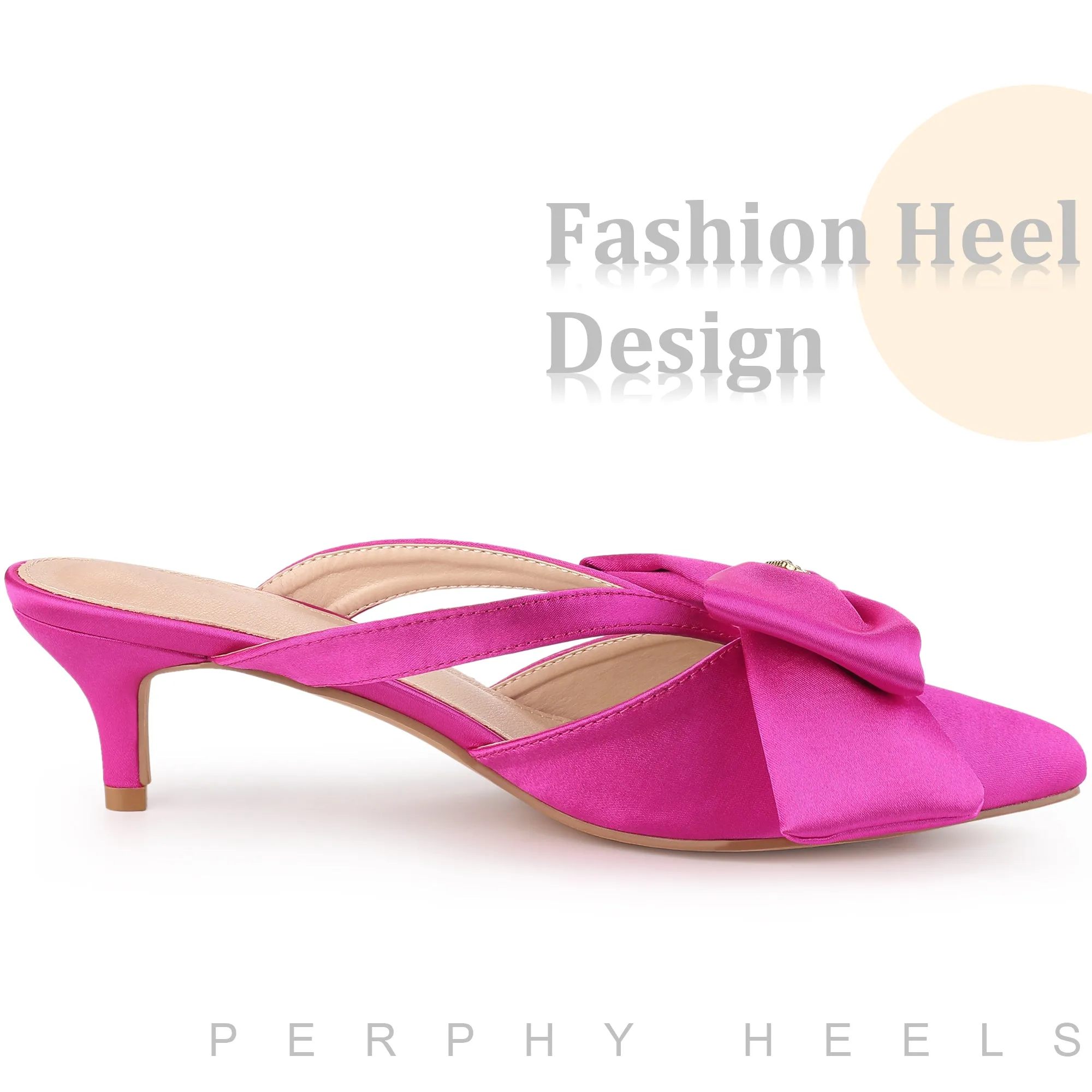Bow Rhinestones Kitten Heels Satin Slide Mules for Women