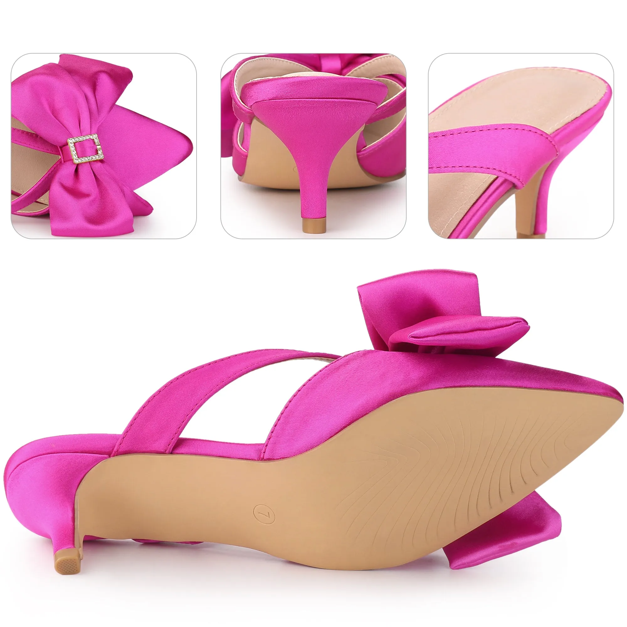 Bow Rhinestones Kitten Heels Satin Slide Mules for Women