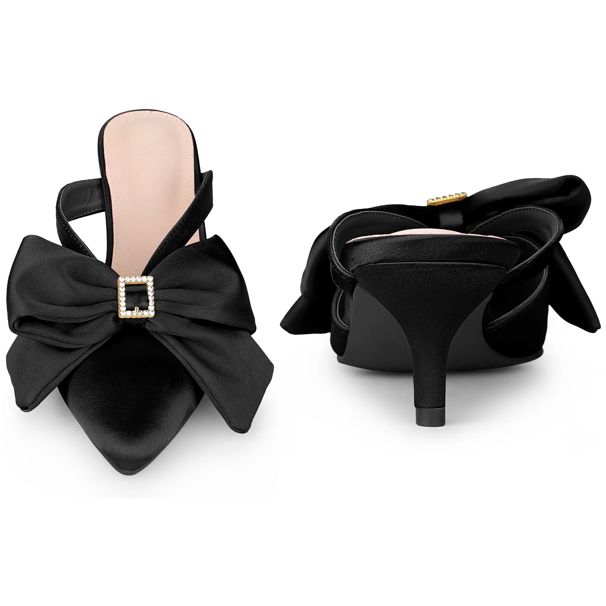 Bow Rhinestones Kitten Heels Satin Slide Mules for Women