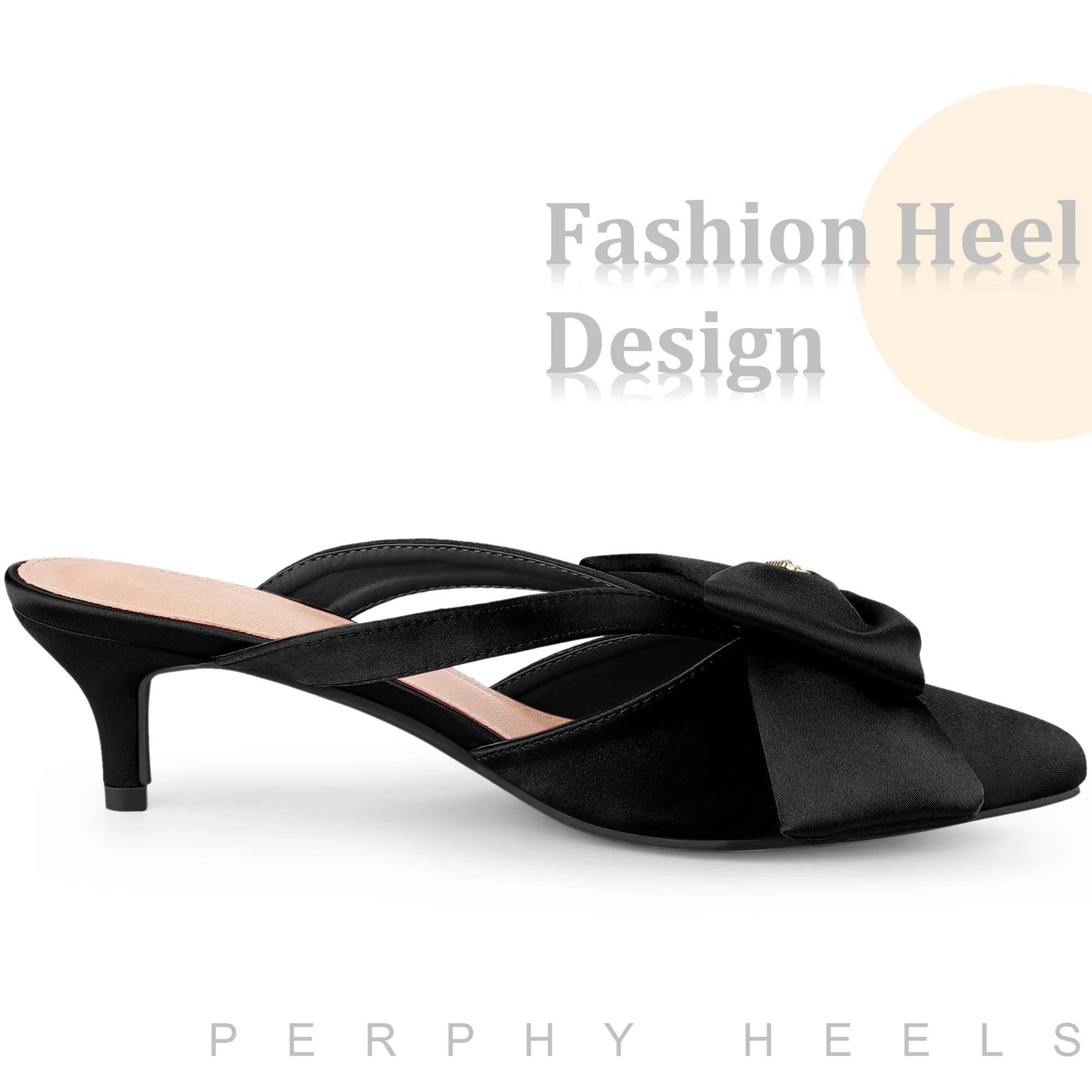 Bow Rhinestones Kitten Heels Satin Slide Mules for Women