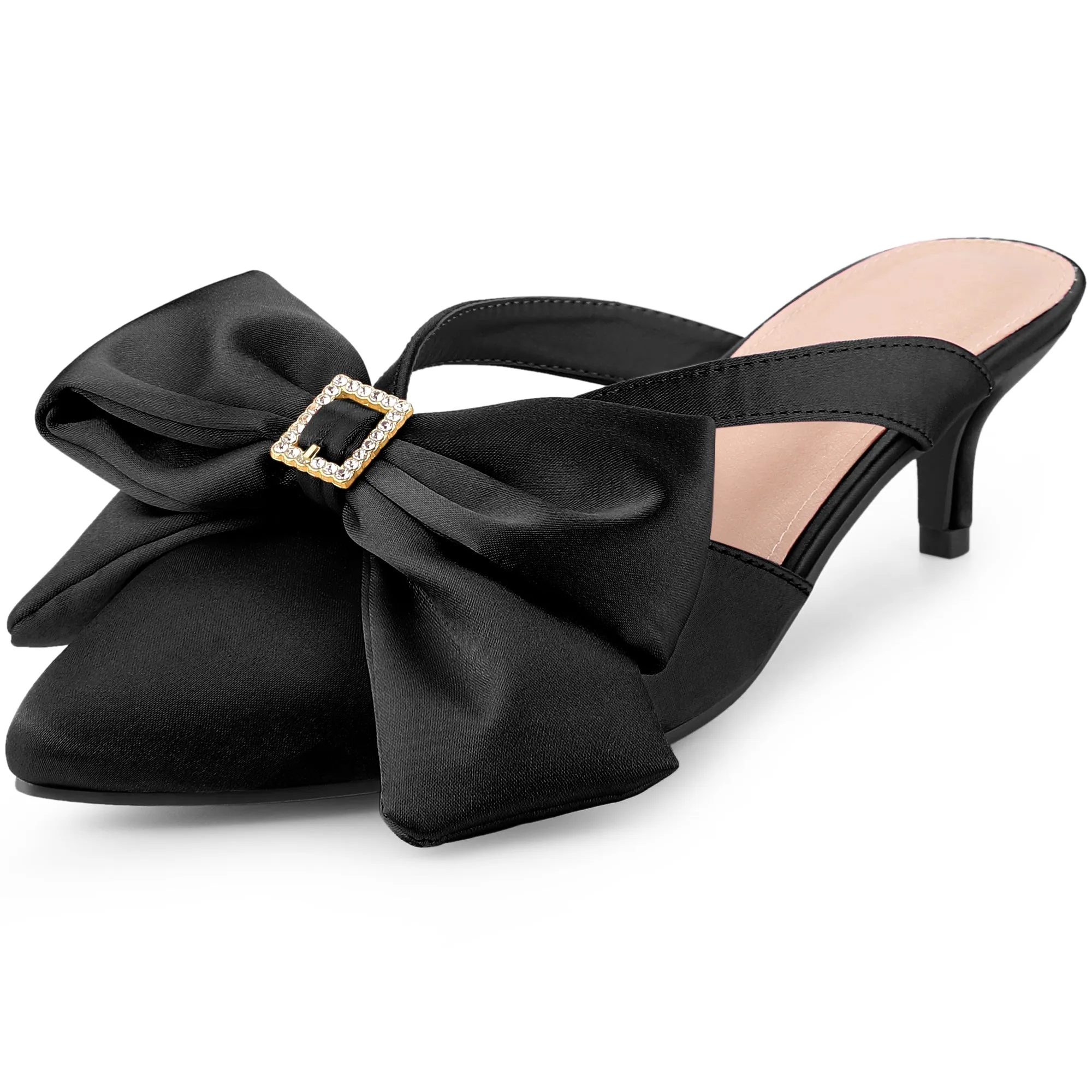 Bow Rhinestones Kitten Heels Satin Slide Mules for Women