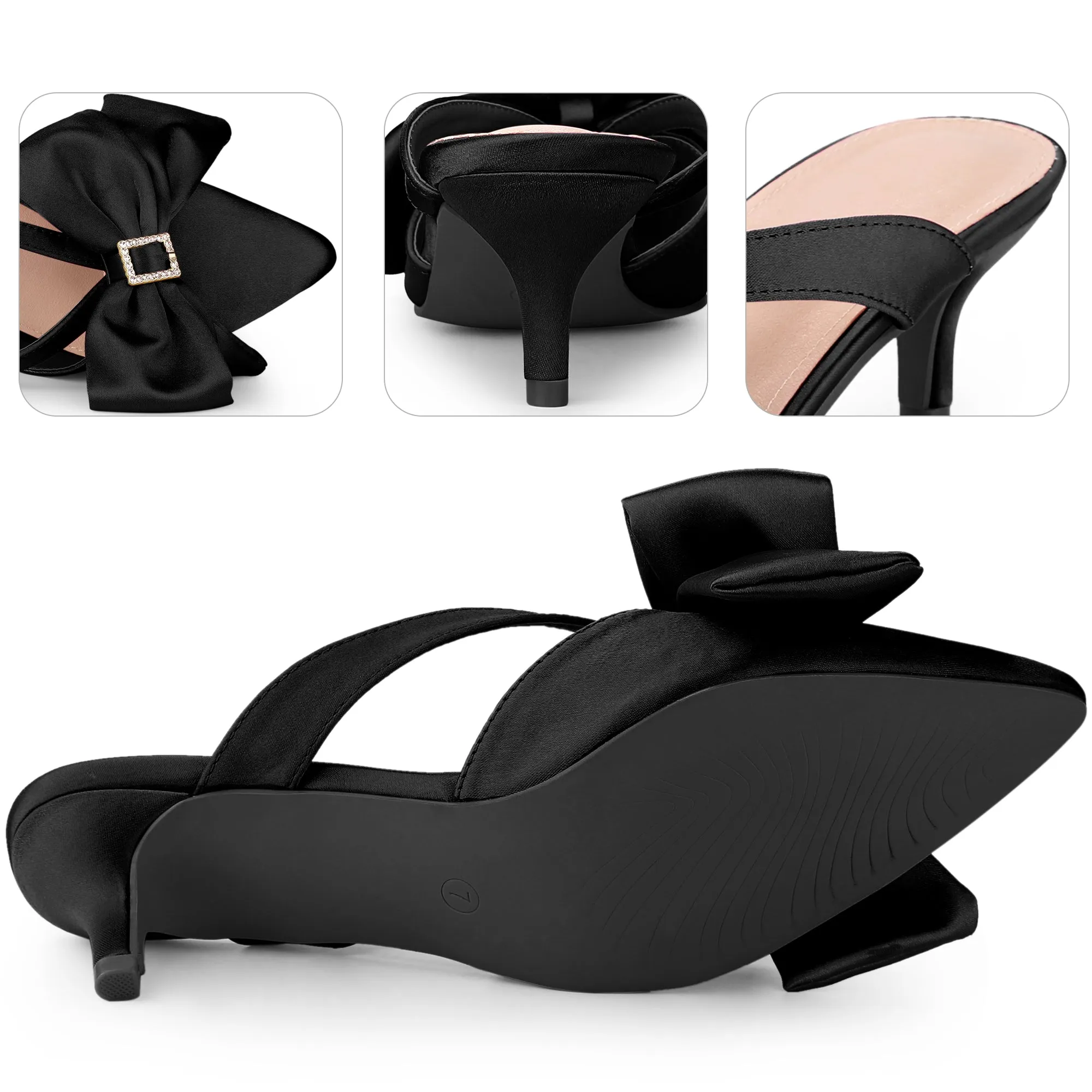 Bow Rhinestones Kitten Heels Satin Slide Mules for Women