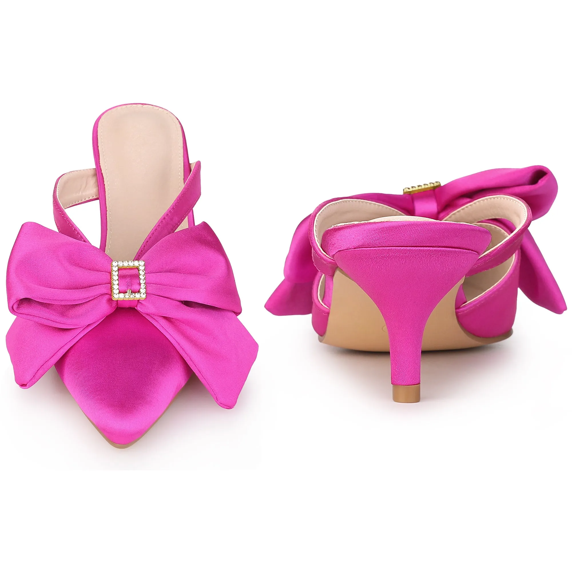 Bow Rhinestones Kitten Heels Satin Slide Mules for Women