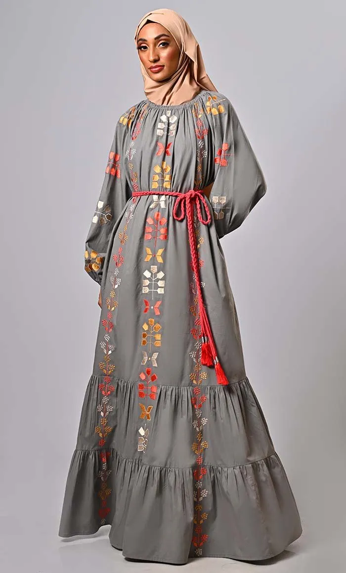 Burma Inspired Bohemian Machine-Embroidered Heavy Abaya with braided belt