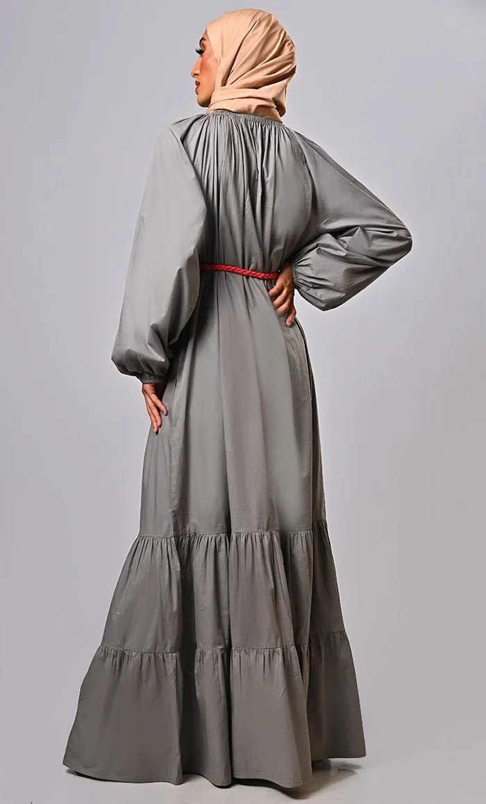 Burma Inspired Bohemian Machine-Embroidered Heavy Abaya with braided belt