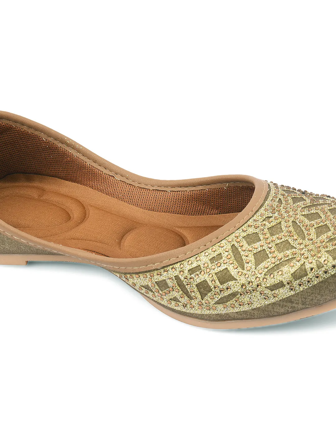 DESI COLOUR Women Olive Green Embellished Ethnic Mojaris Flats