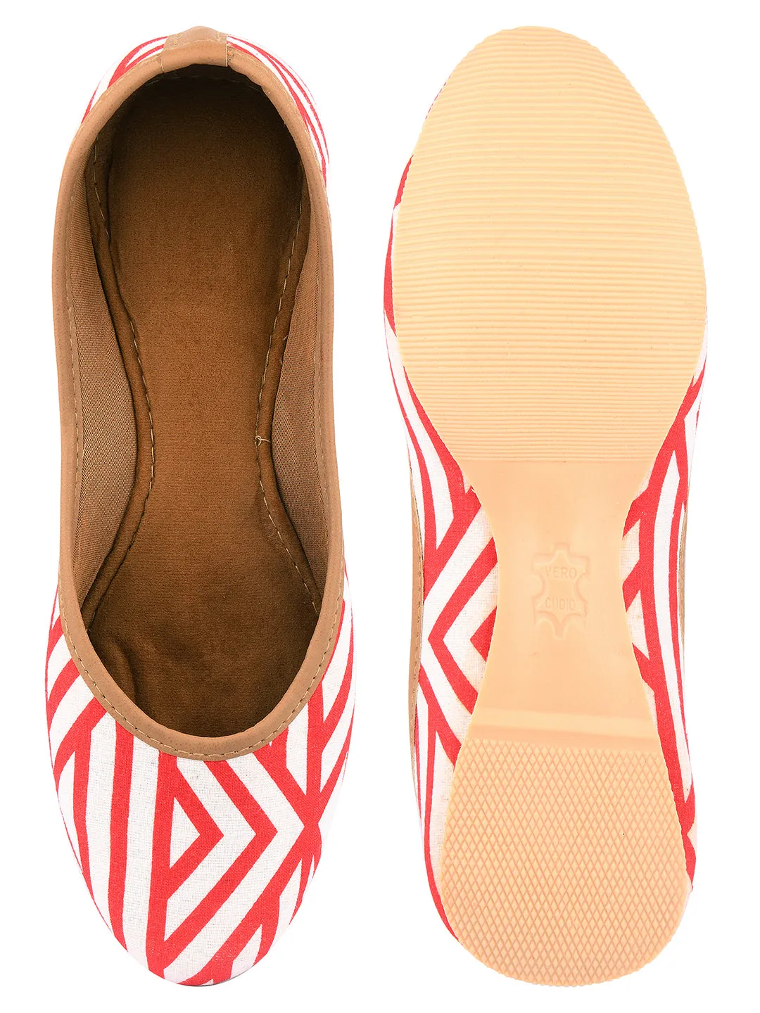 DESI COLOUR Women Red  White Striped Ethnic Mojaris Flats