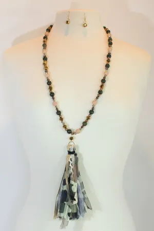 Emma Camo Tassel Necklace With Green And Gold Beads