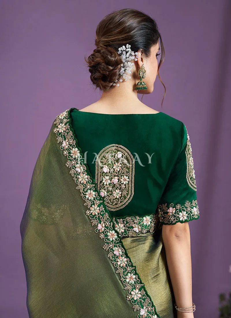 Green Dual Tone Embroidered Wedding Saree
