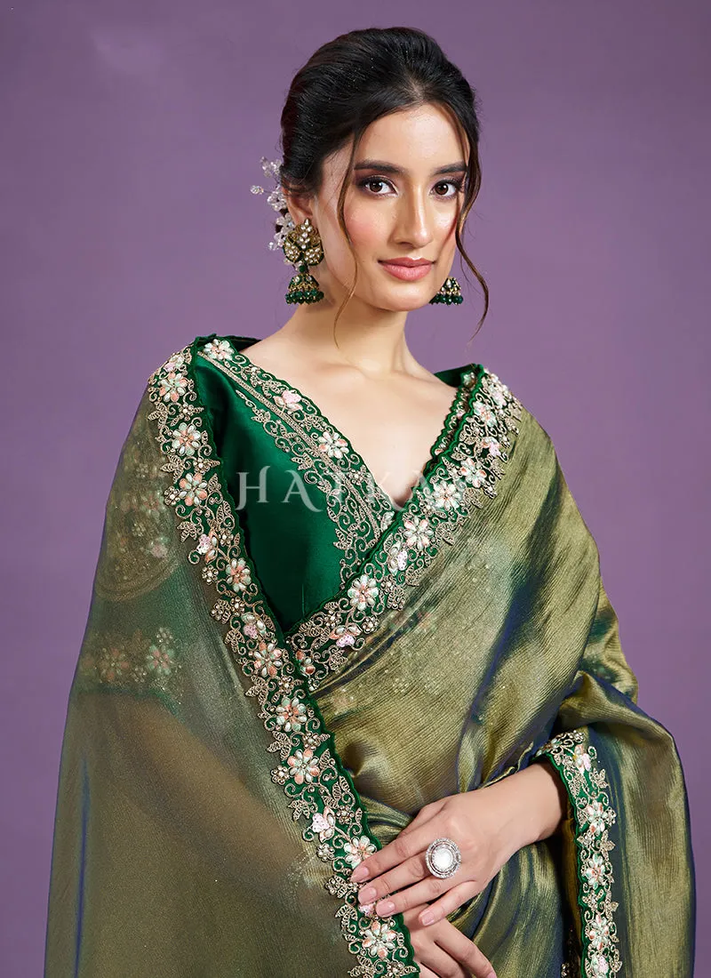 Green Dual Tone Embroidered Wedding Saree