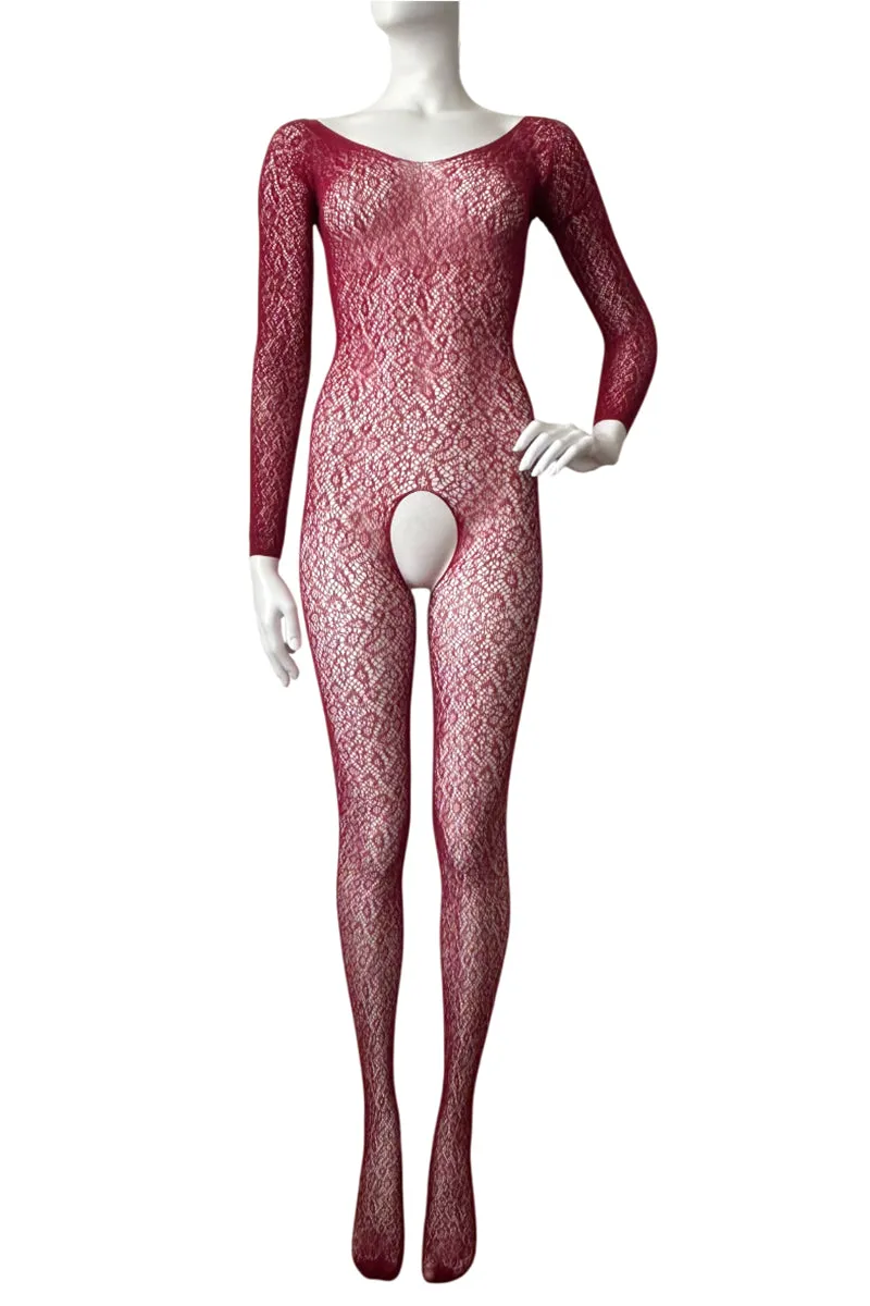 Low Back Long Sleeve Footless Leopard Print Bodystocking