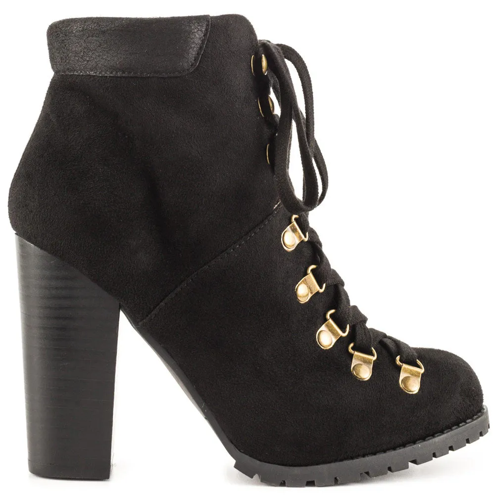 Luichiny Anna may IMI Suede Lug Sole Lace Up Combat Stacked heel Ankle Booties