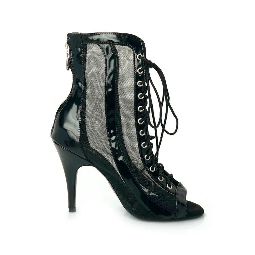 Sierra - Open Toe Lace Up Patent Leather and Mesh Latin Dance Booties (Suede Sole)