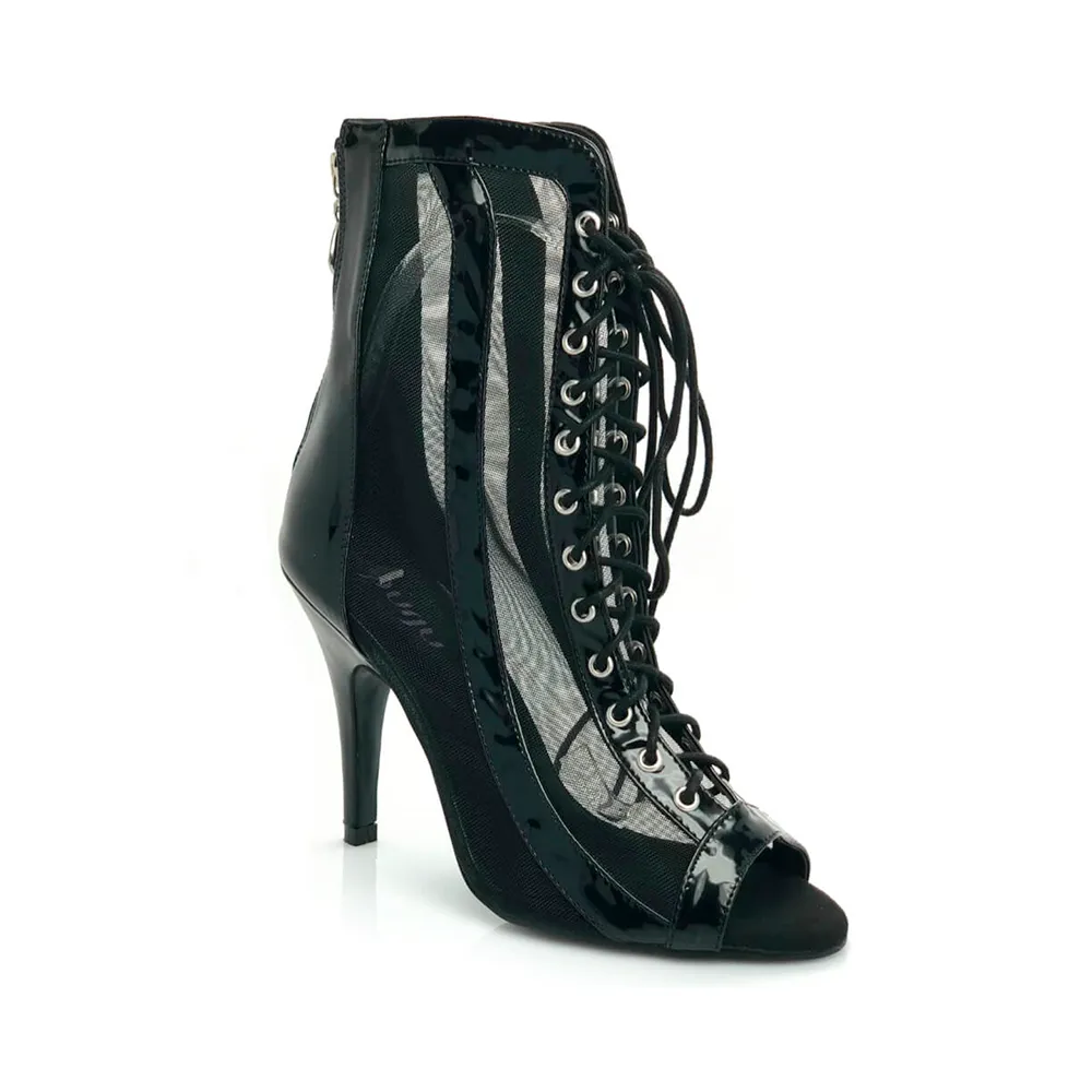 Sierra - Open Toe Lace Up Patent Leather and Mesh Latin Dance Booties (Suede Sole)
