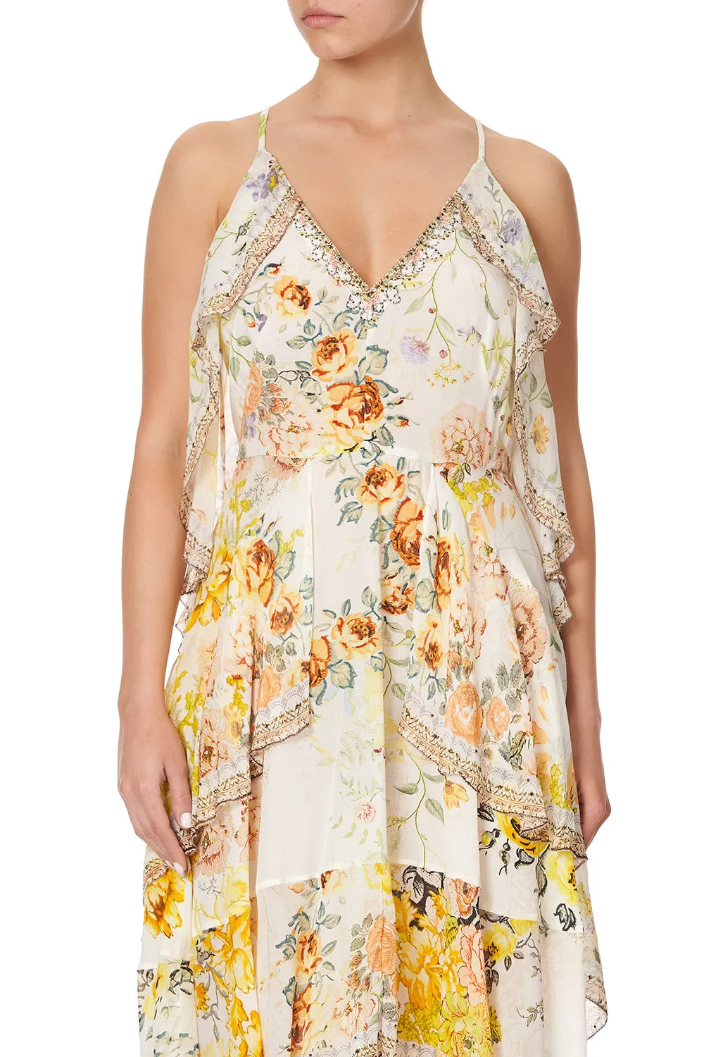 V-NECK FITTED DRESS WITH RUFFLES IN THE HILLS OF TUSCANY