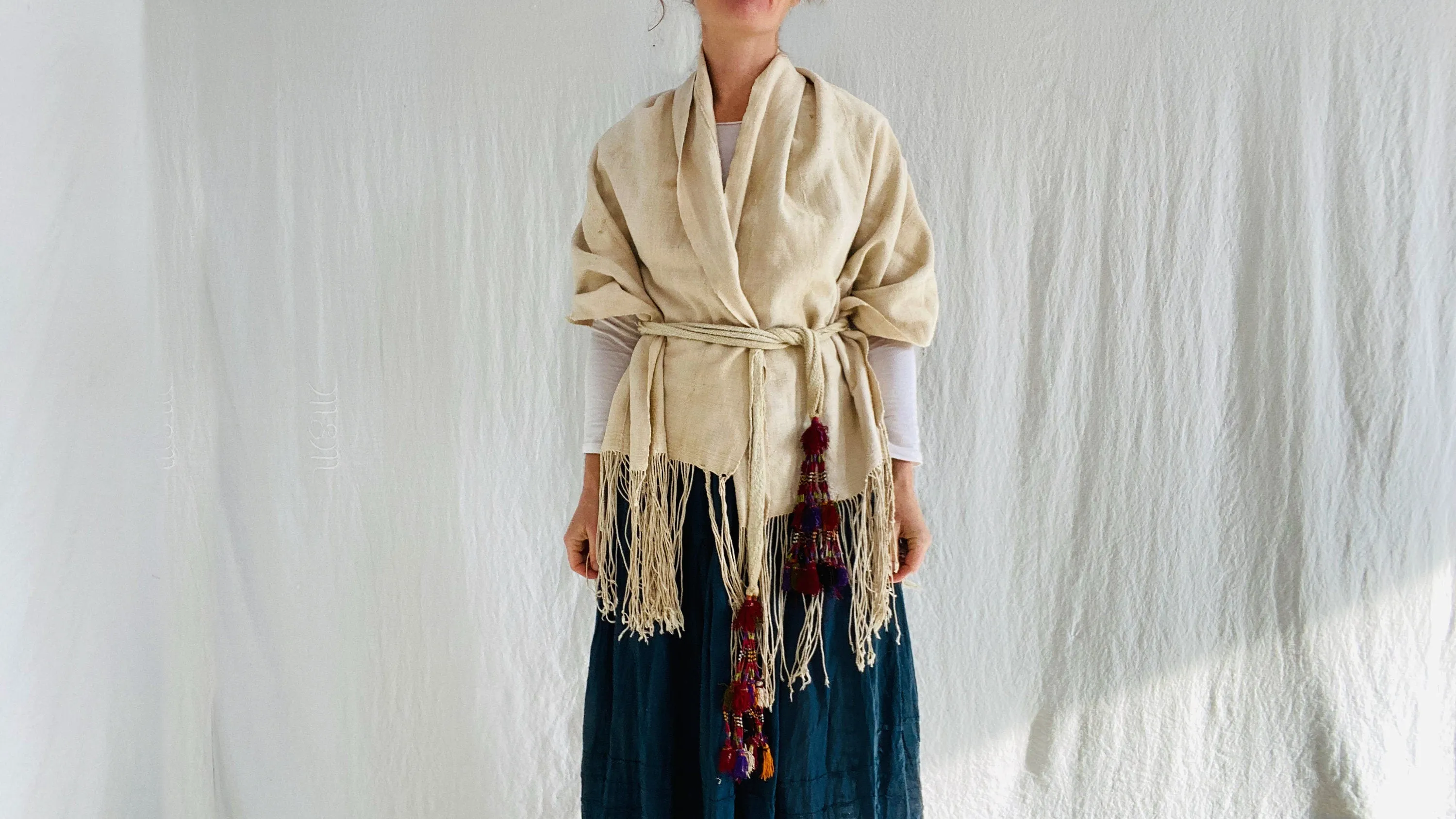 Vintage African Shawl & Silk Tassel Belt. Mossi. Long Fringe. Burkina Faso