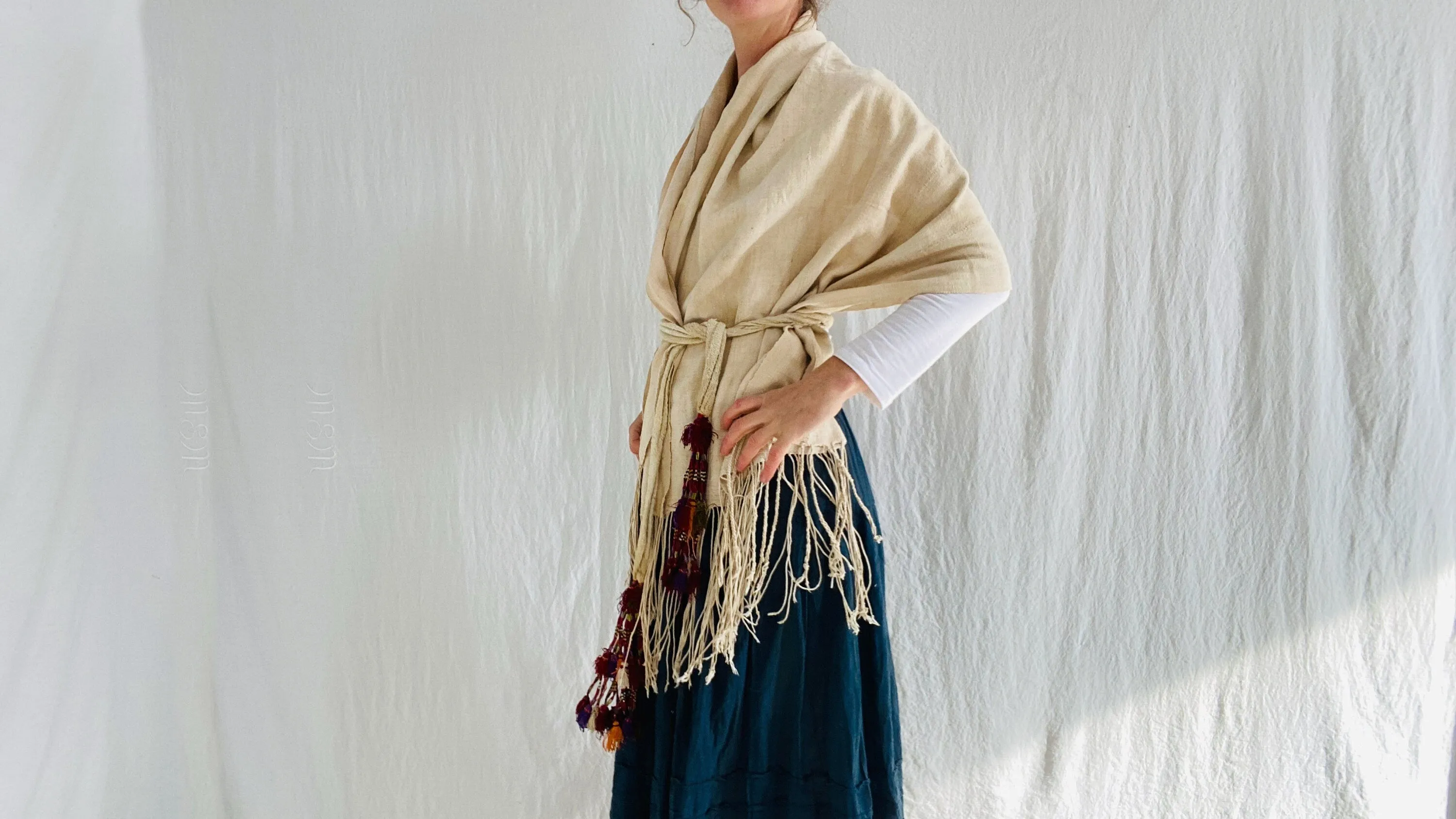 Vintage African Shawl & Silk Tassel Belt. Mossi. Long Fringe. Burkina Faso