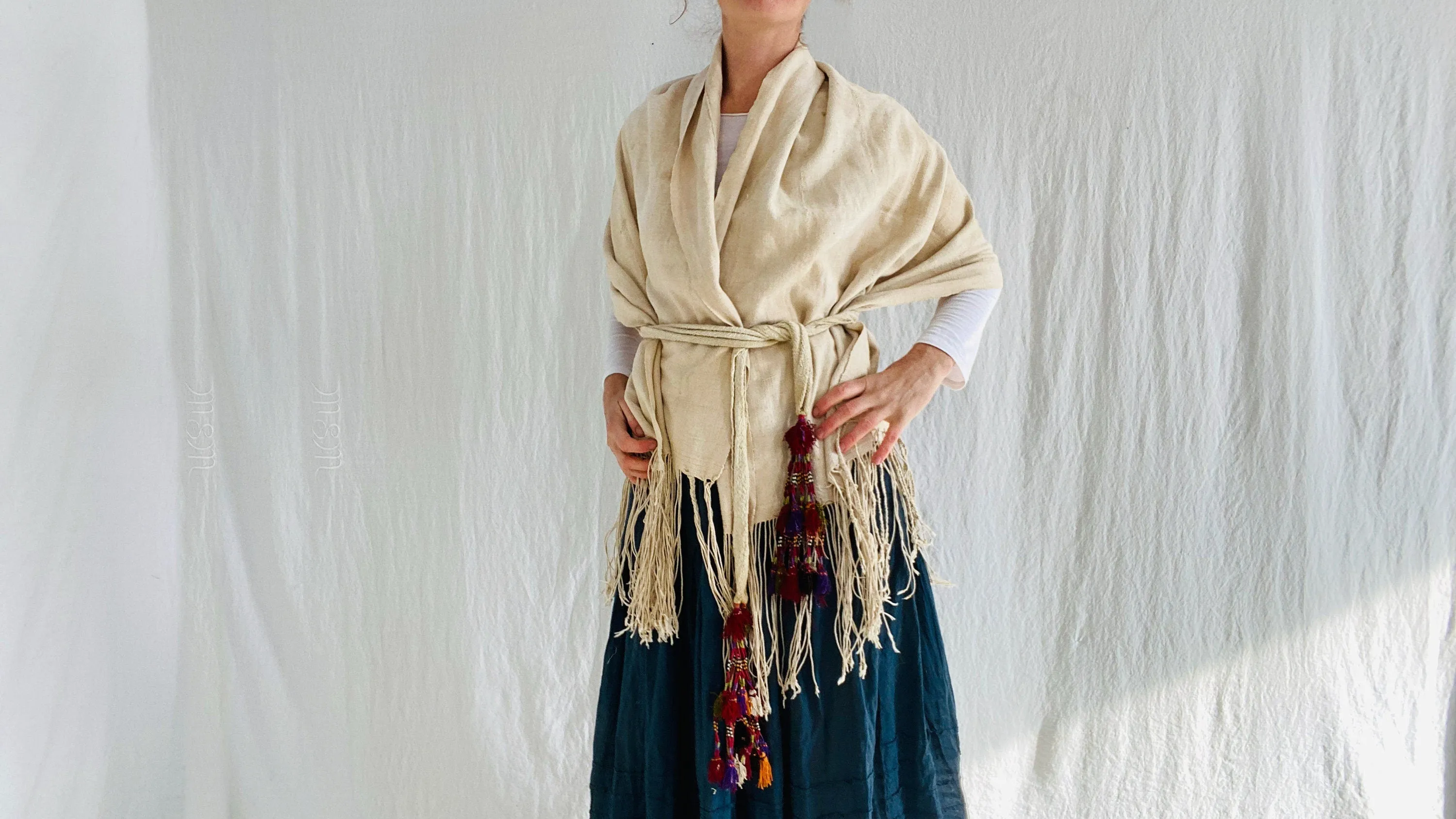 Vintage African Shawl & Silk Tassel Belt. Mossi. Long Fringe. Burkina Faso