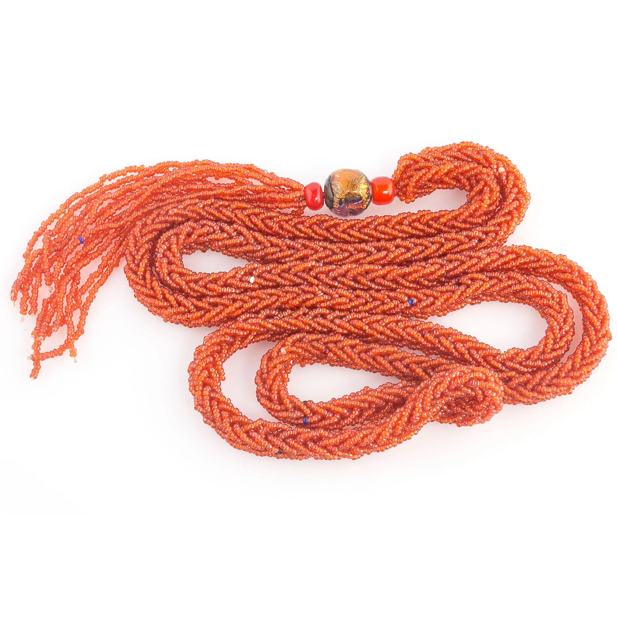 Vintage braided seed bead necklace, Art Deco era with Murano bead and tassel. j-nlad966